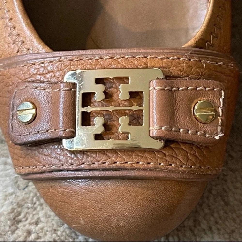 Tory Burch Cognac Leather Wedge Pumps with Gold Logo Accent